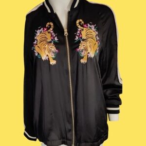 H&M Divided Tiger Bomber Jacket Japan Satin Embroidered Black Women's Size 2